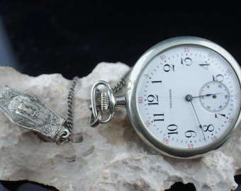 Waltham Mass AWW Watch Co pocket watch and sterling silver 925 fob chain holder Antique strong Open Face 16636731 Silver Case P-083