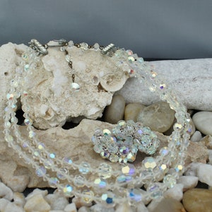 Set Earrings Clip On  Necklace Vintage Art Deco 3 Strand Faceted Aurora Borealis Glass Crystals Choker Gift Wedding Bridal *442