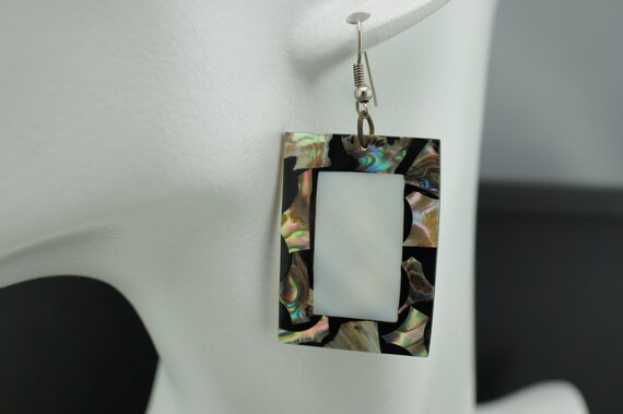 Vintage Rectangle Silver Tone Abalone Shell Earri… - image 2