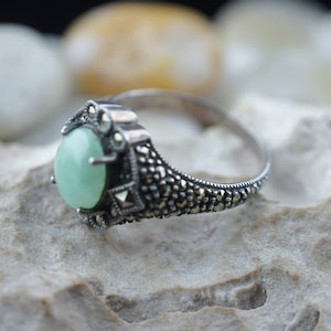 STERLING SILVER 925 JJ Judith Jack Vintage Ring Size 10 1/4 green gemstone Cz Cocktail Statement Marcasite  Oval band Art Deco Jewelry st119