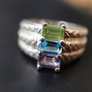Vintage Sterling Silver 925 Cocktail Ring Multicolor Semi Precious gem gemstones Amethyst, Zircon, Peridot  Z-281