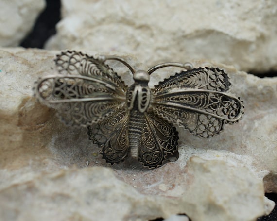 Broche Papillon En Argent Massif 925 Et Vermeil Or Jaune - Magnifique Bijou Vintage - Occasion
