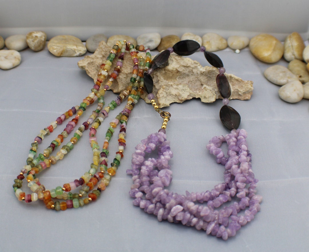 Collier Ancien Double Rang Perles Violettes Opaque - Bijou Vintage Argenté - État Impeccable Avec Patine