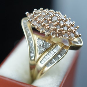 100% natural Diamond 10k 10 k karat solid Yellow Gold engagement Marquise of round cut diamonds and  baguettes Cocktail Ring band bridal