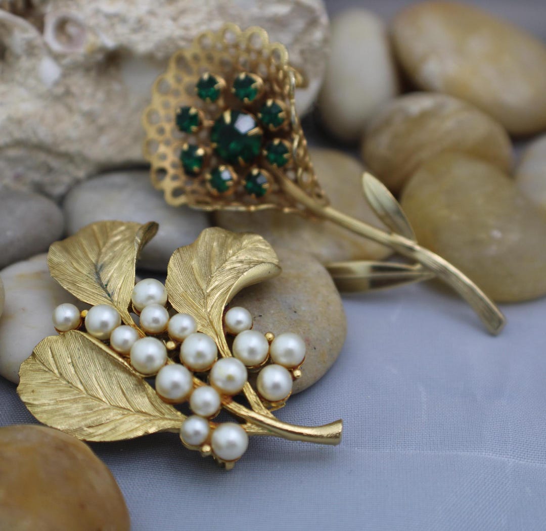 Ancienne Broche Fantaisie Métal Doré – Motif Feuilles Et Feuillages, Occasion