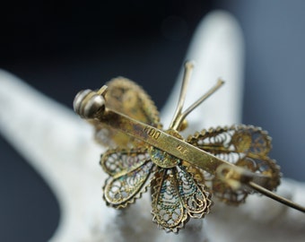 Broche Papillon Ancienne En Argent Massif 800 - Émaillée Et Vermeil - Poinçon Garantie
