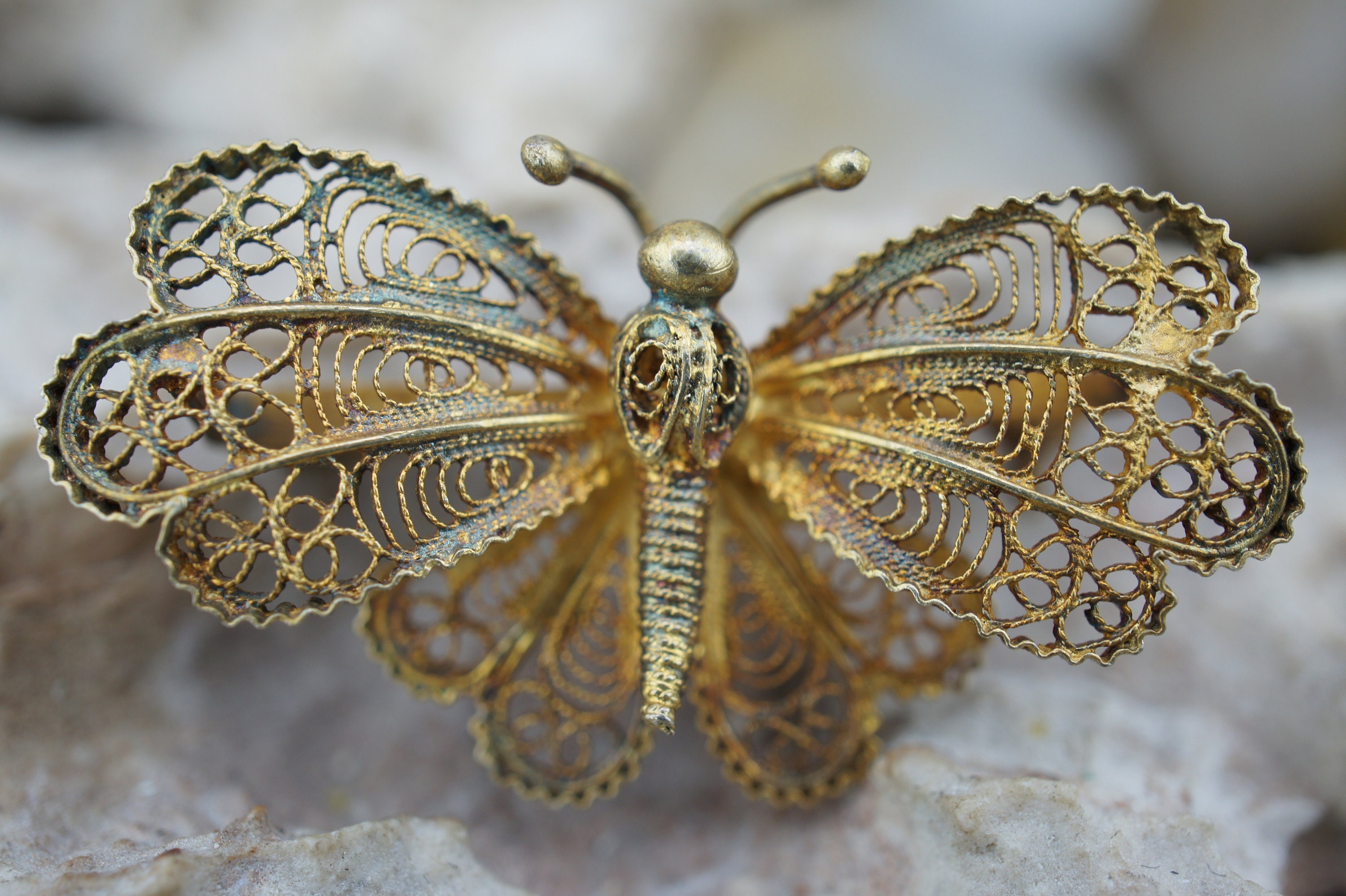 Broche Pendentif Ancienne Argent Filigrané – Papillon 4,5 X 3 Cm