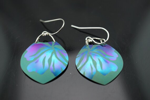 925 Sterling Silver Art Deco Jewelry Vintage Pierced Stud  Earrings Green Purple Drop Part Flower Leaves Leaf Enameled Circle Circa st1028