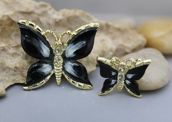 Butterfly butterflies Brooch Pin Black Gold Tone … - image 1
