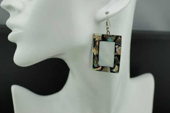 Vintage Rectangle Silver Tone Abalone Shell Earri… - image 1