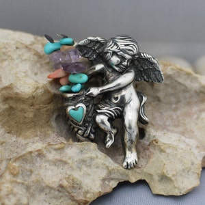 925 Vintage, Sterling silver, Angel, Pin, Brooch, jug with decorative branches, Turquoise Stones Art Deco Vintage Jewelry so200