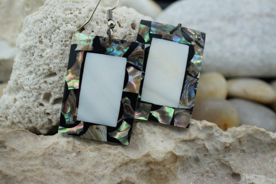 Vintage Rectangle Silver Tone Abalone Shell Earri… - image 3