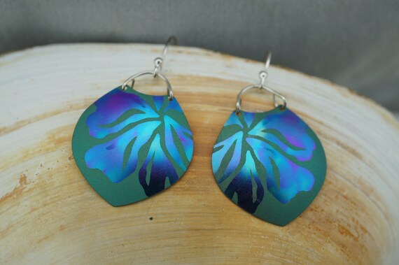 925 Sterling Silver Art Deco Jewelry Vintage Pierced Stud  Earrings Green Purple Drop Part Flower Leaves Leaf Enameled Circle Circa st1028 View 5