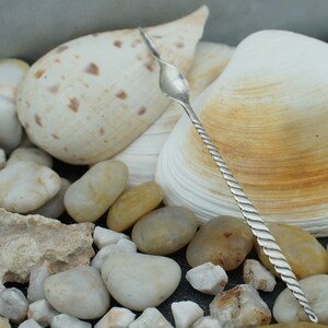May include: A silver twisted spoon-like tool rests on a bed of white and tan seashells and smooth white stones.