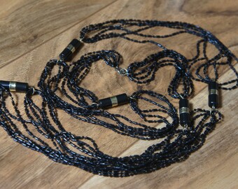 Estate Beaded Vintage Zwarte Kraal ketting - Zwarte en grote kraal ketting - Zwart zaad kraal ketting - Multi Strand ketting lange X-041