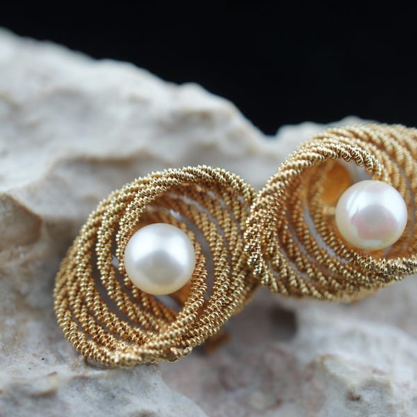 14K kt Gold Clip On Earrings  solid yellow white gold Italy Uno A-Erre  Aerre Arezzo mother pearls Vintage  Art Deco  jewelry designer K