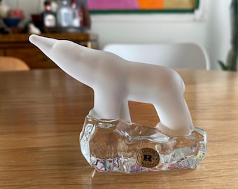 Vintage Frosted Crystal Polar Bear Figurine on Glacier, Reijmyre Sweden