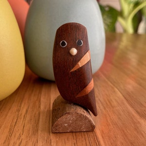 Miniature Owl Figurine Perched on Branch Teak and Wood Inlay / Collectible Owls