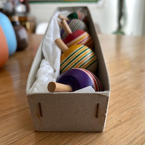 Vintage Japanese Wooden Toy Spinning Tops Box Set
