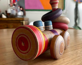 Vintage Wooden Japanese Push Toy Train with Ring Toss Game / Gift for Kids