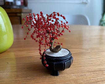 Vintage Miniature Bonsai Glass Bead Red Cherry Blossom Wire Tree