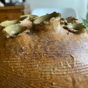 May include: A handcrafted, textured ceramic vase with a warm, earthy color palette. The vase features a rounded body and a series of petal-like openings at the top. The surface has visible ridges and a speckled appearance.