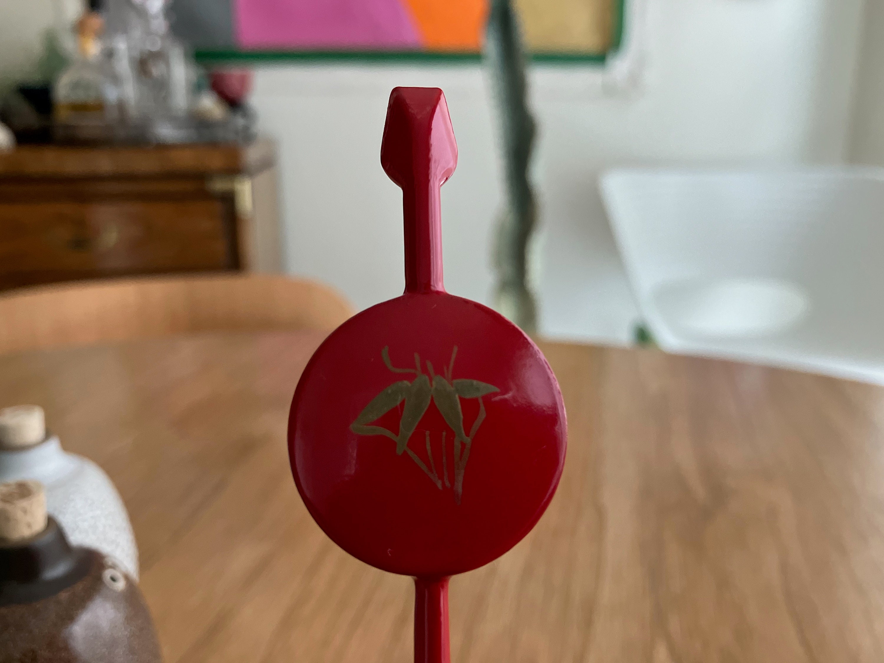 Vintage Japanese Red Lacquer Hair Stick : Gold Floral Motif 