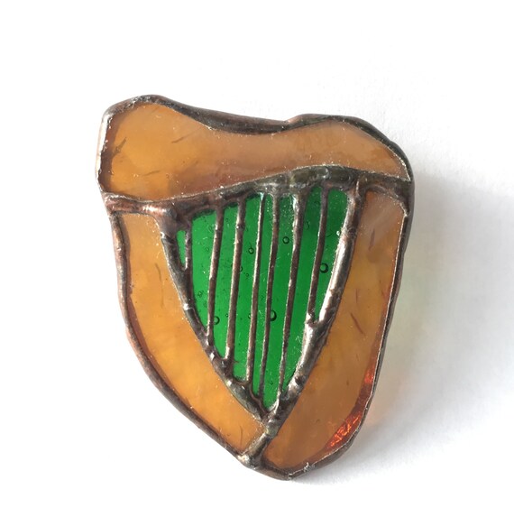 Vintage Stained Glass Harp Brooch Green & Gold Gla