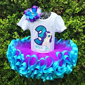 Personalized Rarity Pony Tutu Set – 3-Piece Outfit with Embroidered Shirt, Ribbon-Trimmed Tutu, and Stacked Hairbow