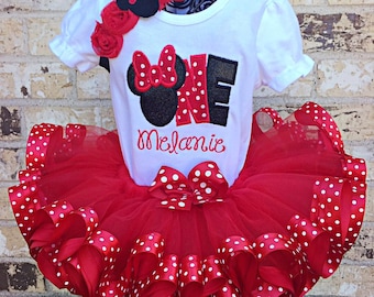 Traje personalizado de Minnie Mouse para su primer cumpleaños: conjunto de tutú de lunares