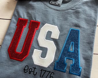 Patriotic USA Applique Shirt | Embroidered 4th of July Shirt | Glitter USA Tee | Red White Blue Shirt | Independence Day Outfit