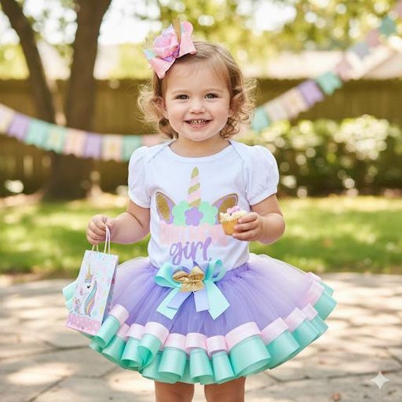 Personalized Unicorn Tutu Set - 3-Piece Glitter Vinyl Shirt, Ribbon Tutu, and Hairbow