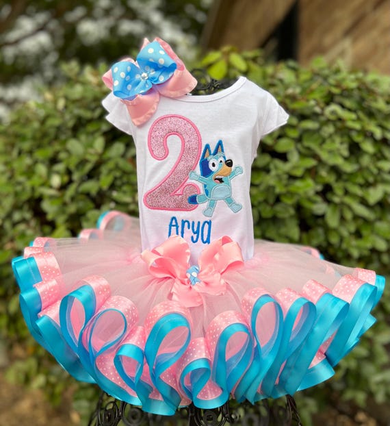 Personalized Bluey Dog Tutu Set – 3-Piece Outfit with Embroidered Shirt, Ribbon Tutu, and Hairbow