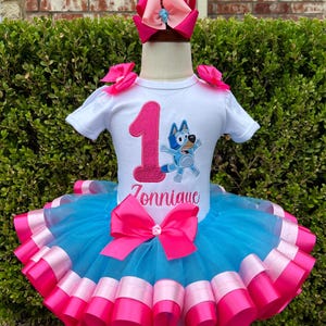 Ensemble de tutu personnalisé pour chien Bluey - Ensemble 3 pièces avec chemise brodée, tutu en ruban et noeud à cheveux - Tutu Bluey - Tenue Bluey - Anniversaire