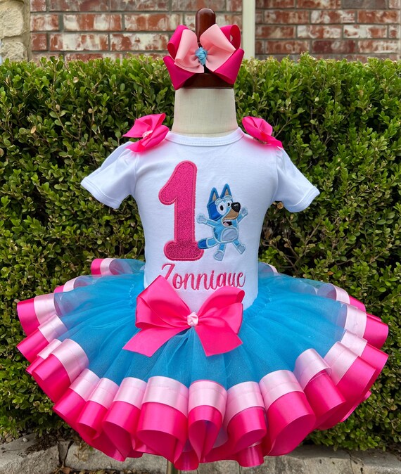 Personalized Bluey Birthday Tutu Set: Embroidered Shirt & Ribbon Tutu