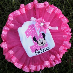 Minnie Mouse Tutu Set with Ribbon, Bib, and Bloomer – Infant Girl&#39;s First Birthday Outfit