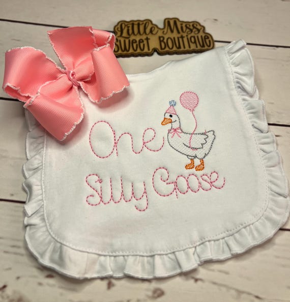 Embroidered One Silly Goose 1st Birthday Bib - Ruffle Cotton Baby Bib