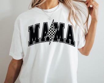 MAMA Checkered Lightning Bolt T-Shirt | Trendy Graphic Tee | Racing Mom Shirt | Retro Style Comfort Colors Tee | Mother's Day Gift