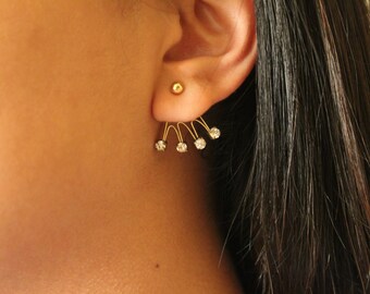 Gold Diamond Stud Ear Jacket Front to Back Earrings