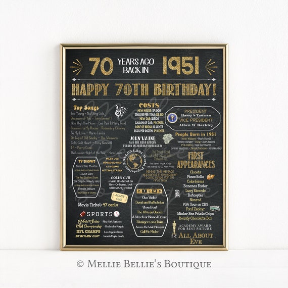 Printable 70th Birthday Chalkboard Sign, Back in 1951, Birthday Gift, Birthday Poster, 1951 Poster, Digital, Download, Sign, MB294 Il_570xn