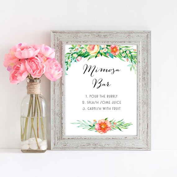Printable Wedding Mimosa Bar Sign, Spring Floral, Pour Bubbly, Bridal Shower, Make a Mimosa, Mimosa Bar Table Sign, Watercolor, MB102 Il_570xn