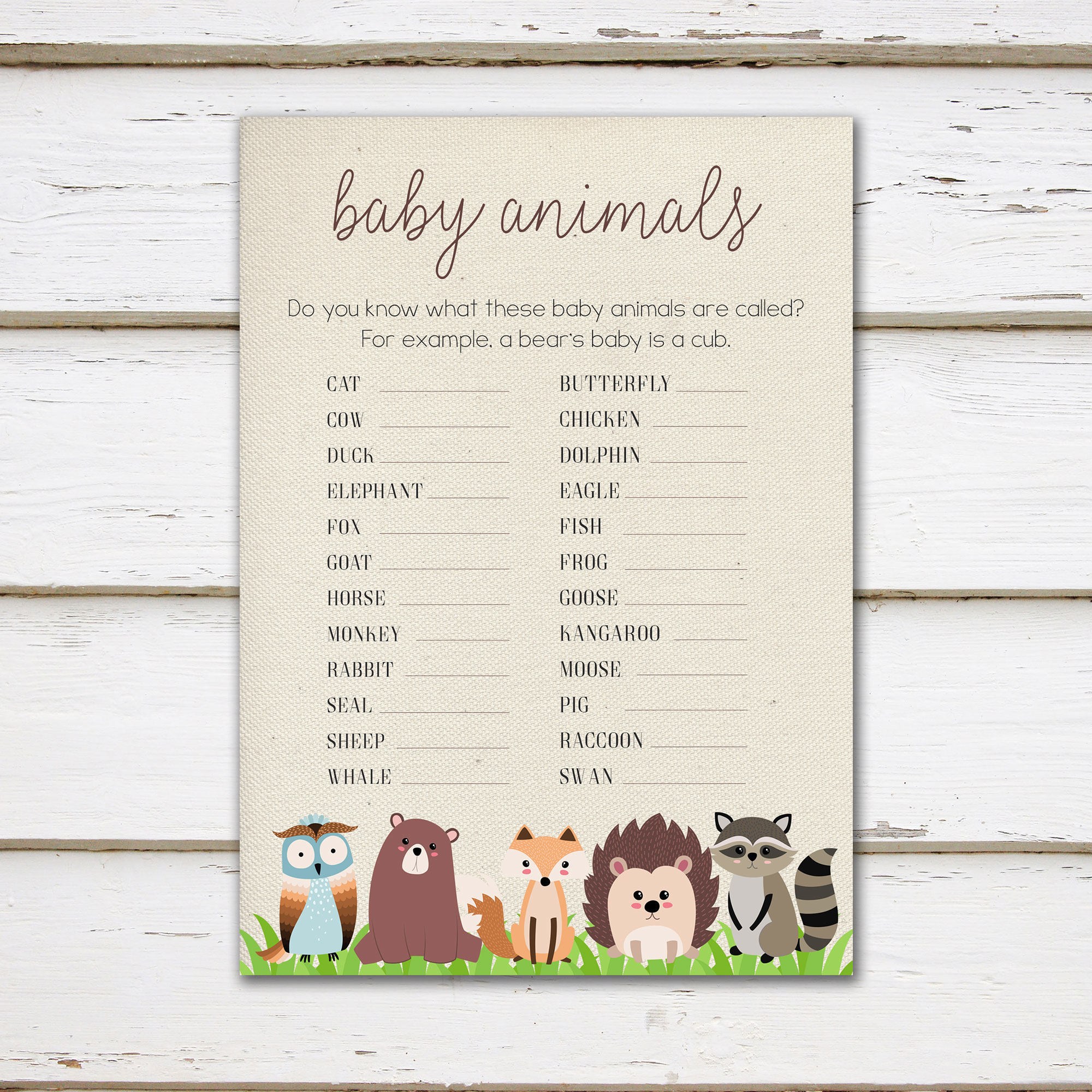 Printable Baby Shower Game Baby Animals Animal Names Baby | Etsy