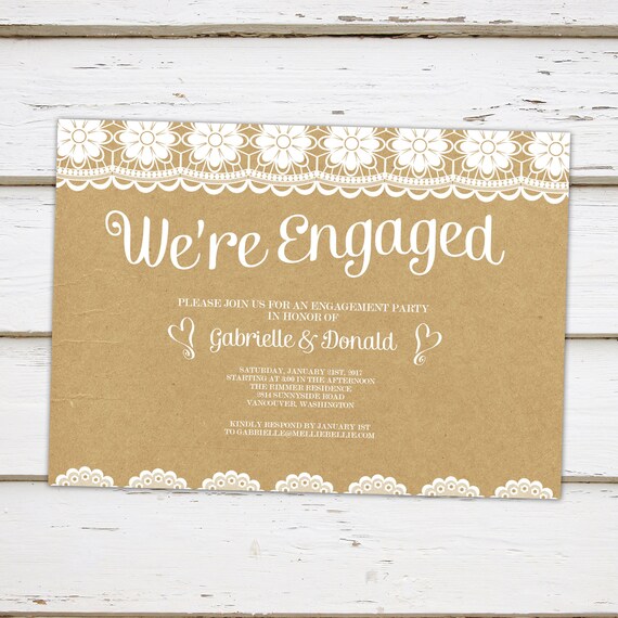 Printable Engagement Announcement Invitation, We're Engaged, Kraft, Rustic, Lace, Burlap, Country, Simple, Engagement Party, MB042 Il_570xn