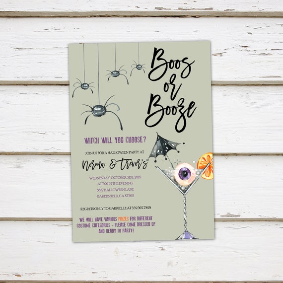 Printable Halloween Party Invitation, Boos or Booze, Funny Invitation, Adult Party, Costume Party, Spooky, Cocktails Costumes, MB371 Il_570xn