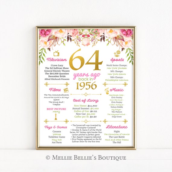 Printable 64th Birthday Floral Sign, Back in 1956, Birthday Gift, Birthday Poster, 1956 Poster, Digital, Download, Sign, MB515 Il_570xn