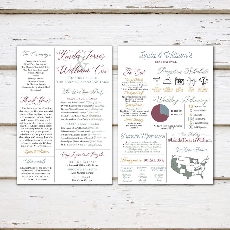 Fun Facts Printable Fun Infographic Wedding Program Modern Program Hashtag Unique Wedding Program MB246 Entertaining Fun Program