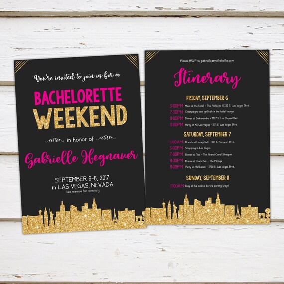 Printable Gold Pink Bachelorette Party Invitation with Itinerary, Las Vegas, Destination, Skyline, City Bachelorette, Vegas, Glitter, MB237 Il_570xn