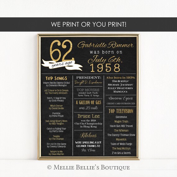 Printable or PRINTED 62nd Birthday Chalkboard Sign, Back in 1958, Birthday Gift, Birthday Poster, 1958 Poster, Download, Sign, MB282 Il_570xn