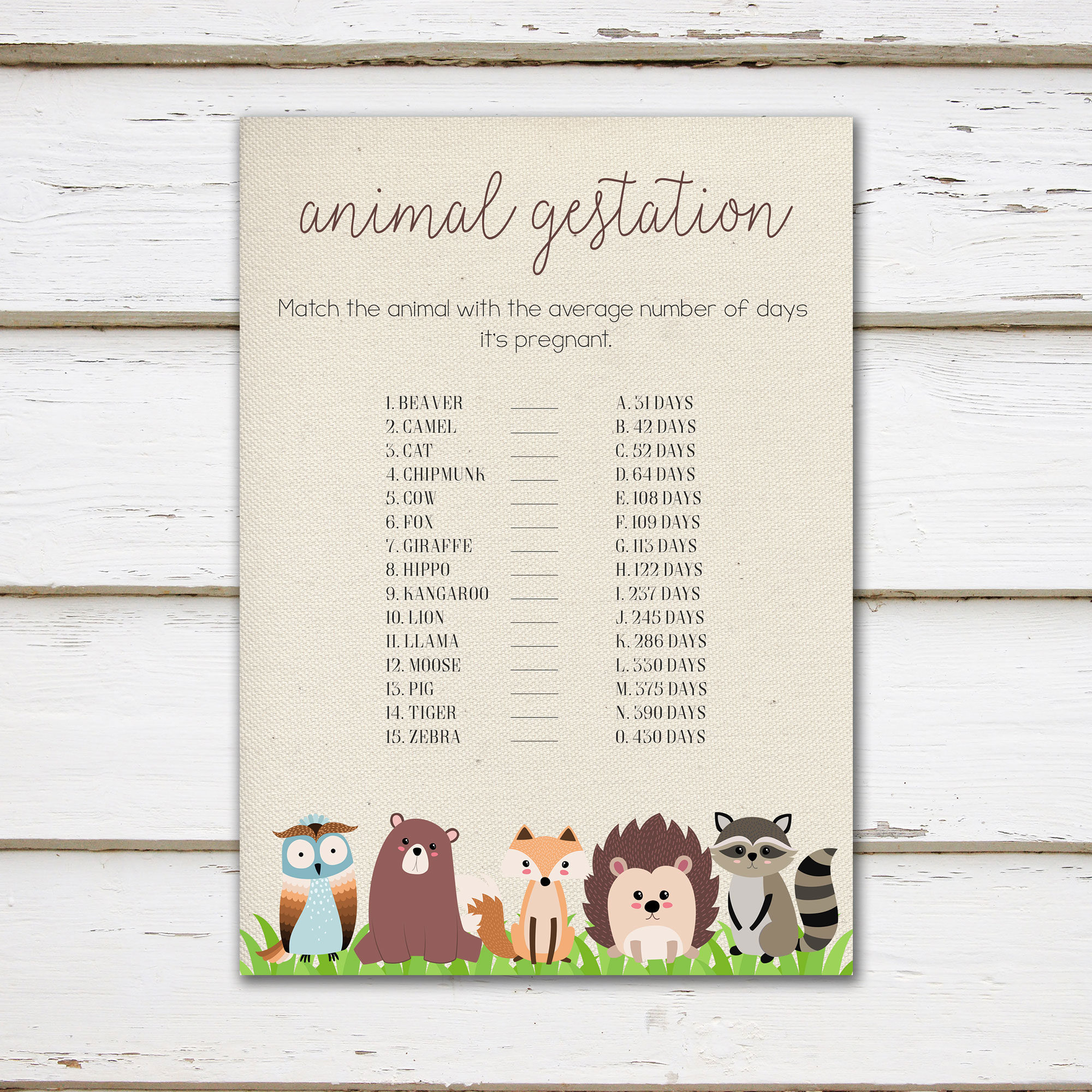 Printable Woodland Baby Shower Game Animal Gestation Game Animal Printable Woodland Baby Shower Game Animal Gestation Game Animal
