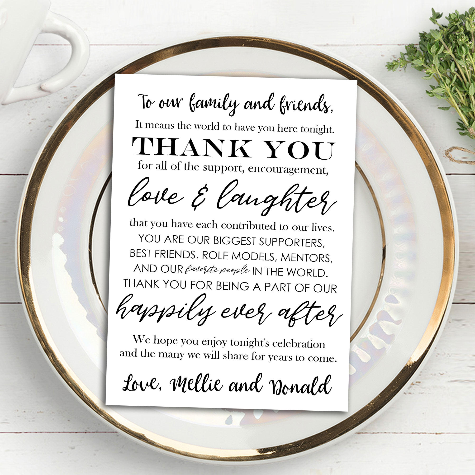 printable wedding thank you note place card placemat wedding favor